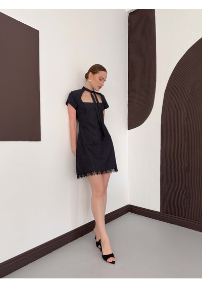 Verymoda Dantel Detaylı Kot Elbise D3041 Lacivert
