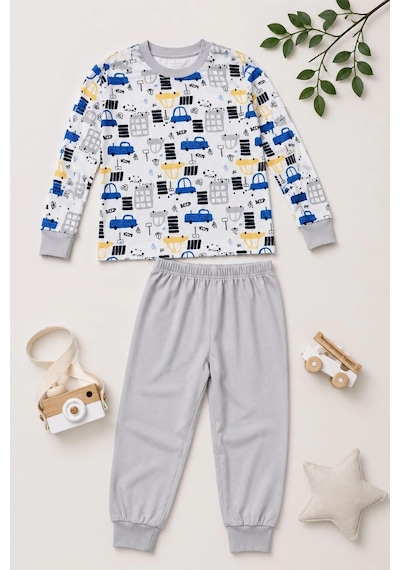 Novalisse Erkek Çocuk Premium Penye Uzun Kollu Desenli Pijama Takımı 2-11 Yaş - Gri Çoklu Renk