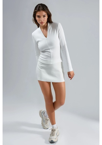 Hiccup Busem Slim Fit V Yaka Uzun Kollu Bluz Beyaz
