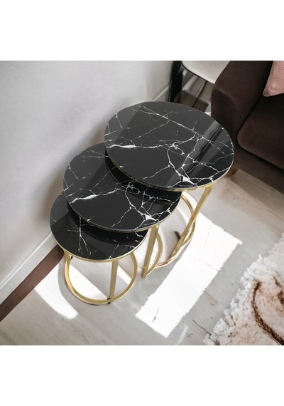 Yaren Home Dizayn C Zigon Temperli Cam Siyah Beyaz Damarli Meremer Desenli Gold Kaplama Gold Sehpa