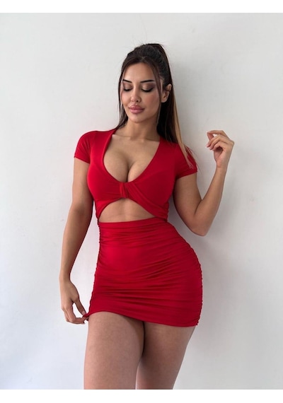 Pink Life Kırmızı V Yaka Hollow Out Wrap Hip Kısa Kollu Mini Elbise-kırmızı