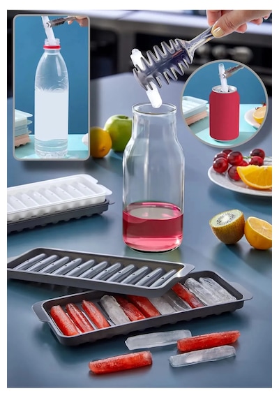 Rotanev 4 Adet Şeffaf Cold Brew Metal Gold Kapaklı Soğuk Kahve Yassı Cam Şişe 200 ml ve Çubuk Buz Kalıbı