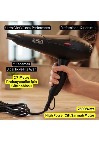 Föhn Pofessional 2500 Watt Profesyonel Çift Sarmalı Motor Saç Kurutma Ve Fön Makinesi