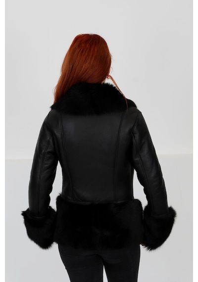 M M Marki Marki Lux Hakiki Deri Mont, Gösterişli Kürk Yaka/bilek/etek, Su Geçirmez - Siyah Elegant Fur - 103422