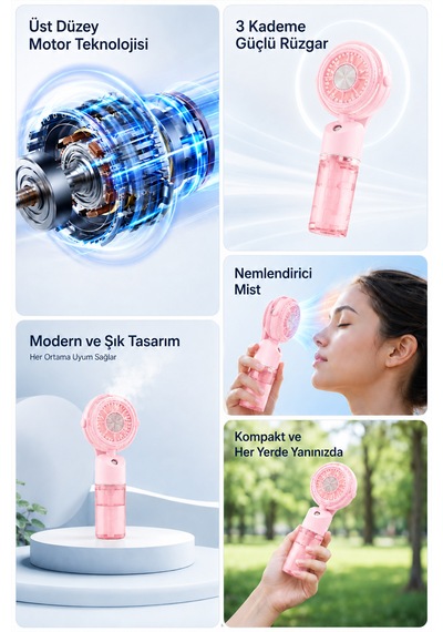 Taşınabilir Şarjlı Su Püskürtmeli 3 Kademeli Mini El Fanı Pembe