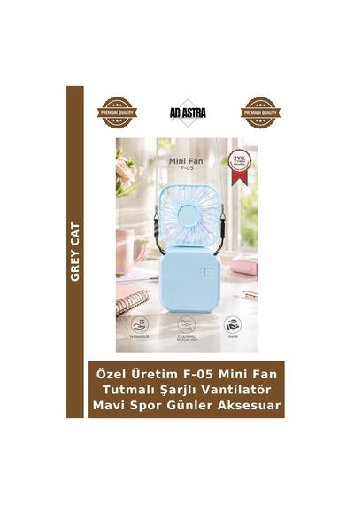 Özel Üretim F-05 Mini Fan Tutmalı Şarjlı Vantilatör Mavi Spor Günler Aksesuar