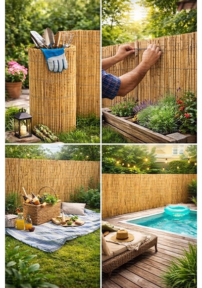 Doğal Kamış Bambu Çit 2.5 X5m Bahçe Teras Balkon Gizlilik Perdesi Gölgelik Örtü Açık Bej