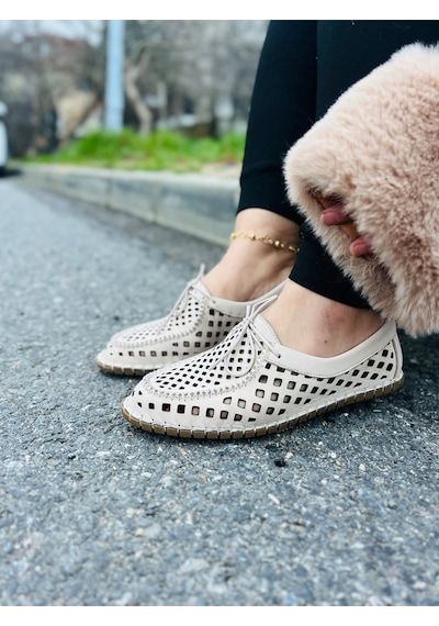 Dabab Shoes Vırena Kadın Bej Hakiki Deri File Bağcıklı Düz Taban Yazlık Babet Loafer Ayakkabı