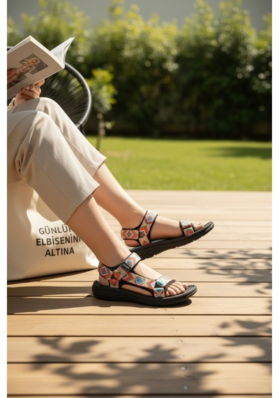 Modayak Enodia 9013 Siyah & Kilim Outdoor Günlük Kadın Sandalet