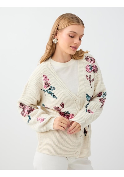 Jimmy Key Kırık Beyaz Floral Payet İşleme Detaylı V Yaka Triko Hırka 6ww108197106