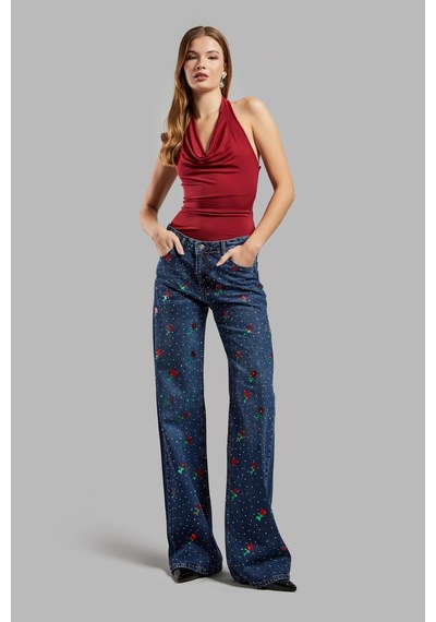 Itsbasic Kadın Kot Rengi T2w48 Çiçek Baskılı Parlak Taşlı Loose Fit Tasarım Denim Jean Kot Rengi Çiçek Baskılı