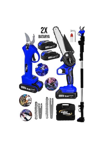 Lieber German Lg026 3ın1 Blue Set 21volt Teleskopik Akülü Dal Kesme Makası Ve Budama Bıçkı Testere Makinesi