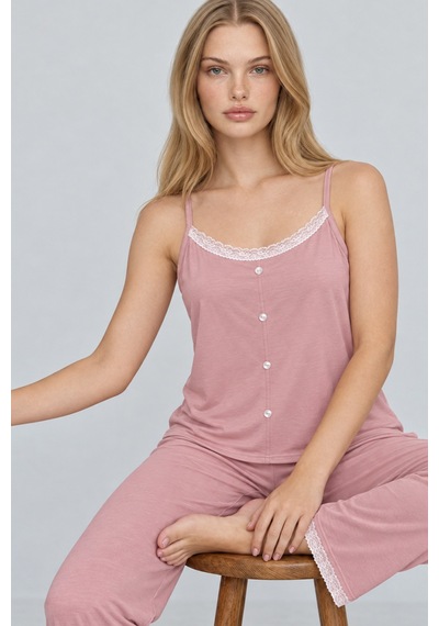 Kadın Dantelli V Yaka Pembe Pijama Takımı 4741