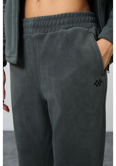 Tommy Life Haki Kalın Yumuşak Dokulu Dik Yaka Oversize Nakışlı Polar Kadın Eşofman Takım -95339 Haki