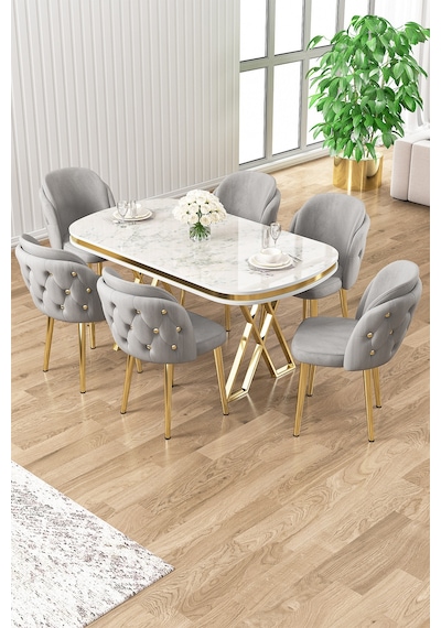 Canisa Zae Serisi 90x168 Lak Panel Beyaz Mermer Desen Gold Ayak Masa Takımı 6 Gri Sandalye Masa Beyaz Mermer Desen Sandalye Gri Canisa Zae Serisi 90x168 Lak Panel Beyaz Mermer Desen Gold Ayak Masa Takımı 6 Gri Sandalye Masa Beyaz Mermer Desen Sandalye Gri