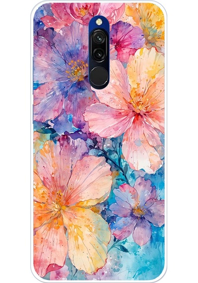 Redmi 8 Uyumlu Renkli Çiçekler Sulu Boya Baskılı Silikon Kılıf Renkli