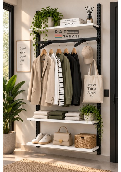 90 Cm Duvar Raf Askılık Sistemi 3 Raflı 200 Cm Konik Dikme Hazır Set Beyaz