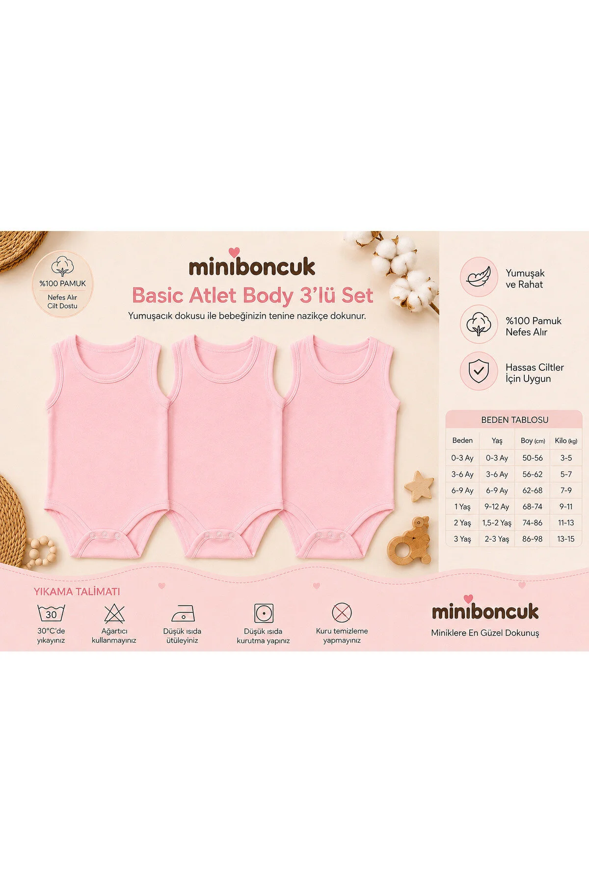 Mini Boncuk %100 Pamuk 3 Lü Pembe Askılı Bebek Body Atlet Seti