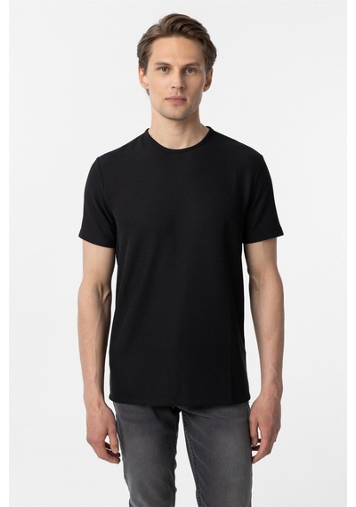 Süvari Siyah Slim Fit Armürlü Bisiklet Yaka Tişört-37380 Siyah