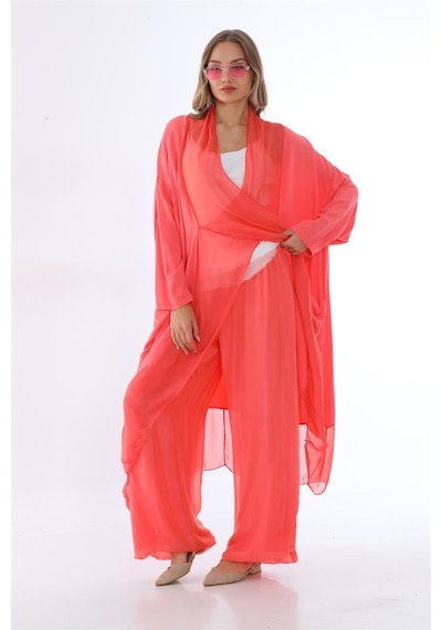 Bohem Stil Italyan Ipek Detaylı Oversize Kap Bluz- Wes Pantolon Takım-8789 Görsel