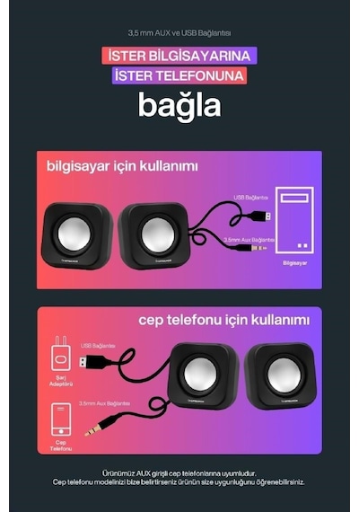 Sprange Sr-pn99 2w 2 Usb 2.0 + 3.5mm 5v Pc Bilgisayar Hoparlör Siyah