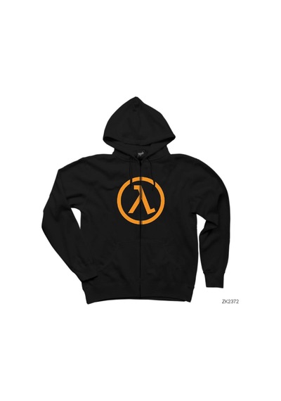 Half Life Logo Pocket Siyah Fermuarlı Kapşonlu Sweatshirt