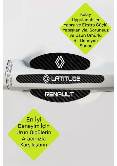 Yeni Nesil Renault Latitude Karbon Kapı Kolu Koruma Seti Latitude Modeline Tam Uyumlu, Beyaz Yazılı Tasarım
