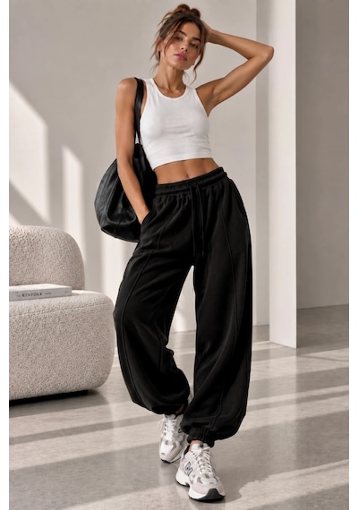 Bb Butik Basic Selanik Kumaş Jogger Pantolon Lastikli Paça Rahat Kesim My3535 Siyah