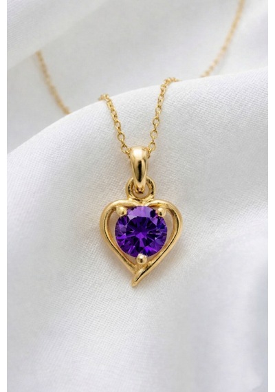 Çekirdekjewelry 925 Ayar Gümüş Altın Kaplama Kalp Modeli Kolye Sarı Mor