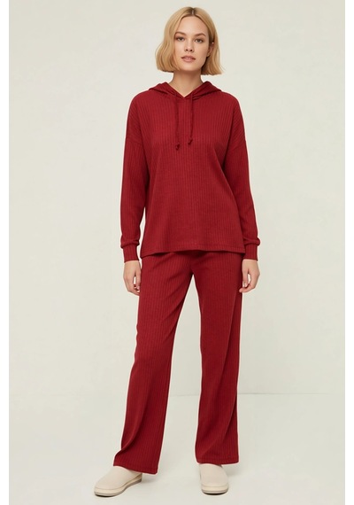 Benerly Kadın Kapüşonlu Düşük Kol Relaxed Kalıp Örme Pijama Takımı Uzun P bordo