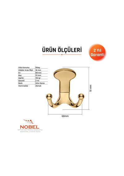 Melon Askı, Metal Vestiyer Askısı, 154 Gr, Dolap Ve Duvar Askılığı, Altin Vidalı Altın