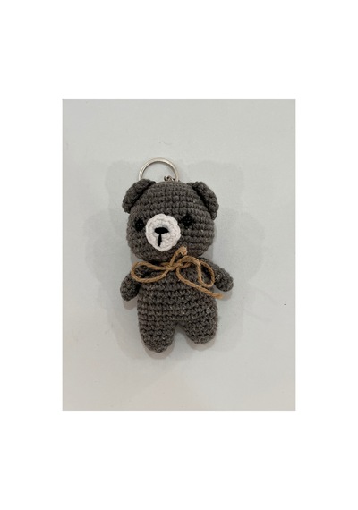 El Yapımı Amigurumi Ayıcık Anahtarlık - Örgü Figür, Jüt Fiyonklu 9-10 Cm Gri Gri