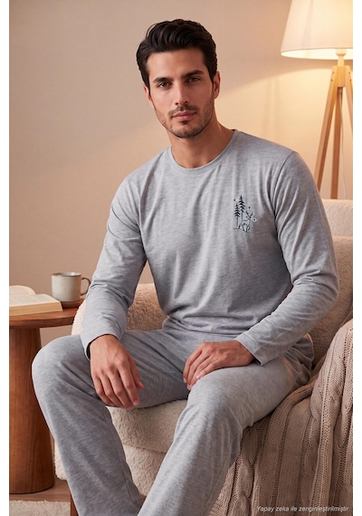Buratti Minimal Baskılı Pamuklu Uzun Kollu Pijama Takımı Erkek Pijama Takımı 6575005 Gri Melanj