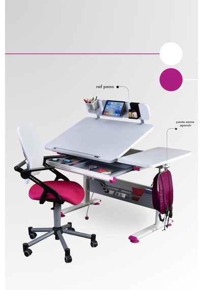 Creo Mobili Yükseklik Ve Eğim Ayarlı, Vega Advanced Bilgisayar Ve Çalışma Masası Takımı Beyaz/fuşya Gri