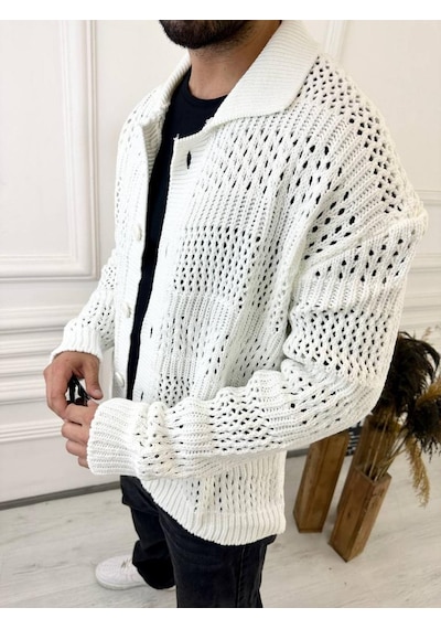 Elku Moda Hırka Oversize Özel Örgülü Triko Desenli Salaş Örgü Hırka Beyaz