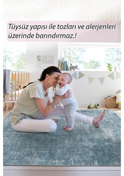 Folk Modern Dokuma Taban Dekoratif Mavi Halı Ba 47 Bej