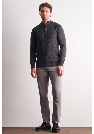 İmza Koyu Antrasit Dik Yaka Uzun Kol Cepsiz Slim Fit Casual Pamuklu Triko Kazak 1012255108 Antrasit