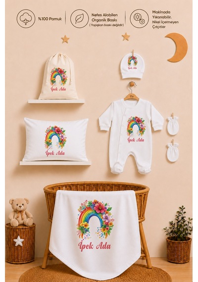 Pia Baby Kız Bebek Hastane Çıkışı 12 Parça %100 Pamuk İsme Özel Organik Baskılı Kese Hediyeli 100511k0x Ekru
