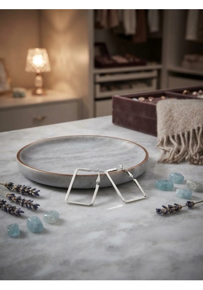 Minimalist Silver Dikdörtgen Halka Küpe Gümüş