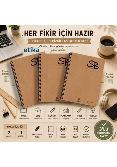 Lexroo Sb A5 3'lü Defter Seti 420 Sayfa Kaliteli Hafif Kağıt Kraft Kapak Spiralli Çok Renkli