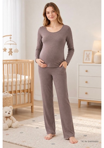 Cottonill Premium - Serene Collection Vizon Yüksek Bel Bol Paça Rib Dokulu Viskon Hamile Pijama Takımı