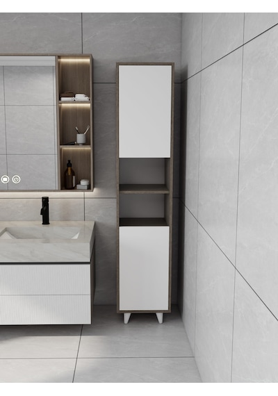 Riva Çamaşır Sepetli Banyo Dolabı Antrasit Meşe Renk Antrasit - Beyaz Riva Çamaşır Sepetli Banyo Dolabı Antrasit Meşe Renk Antrasit - Beyaz
