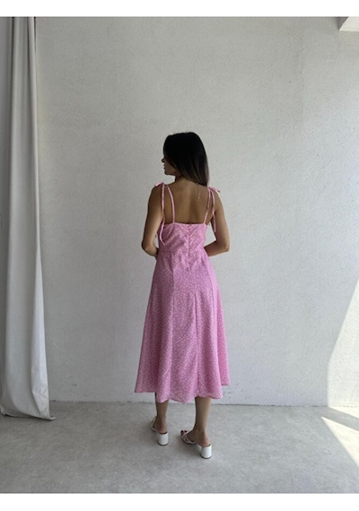 Fiyonk Askılı Yırtmaç Detaylı Puantiyeli Midi Elbise Mavi / Pembe / Vizon / Somon Pembe