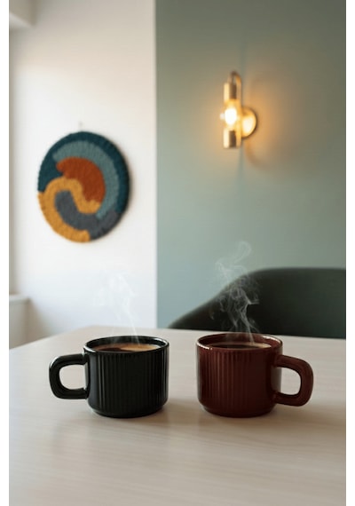 2 Adet El Yapımı 260 Ml Bordo Siyah Parlak Seramik Mug Çay Kahve Kupası Mıt1305 Bordo