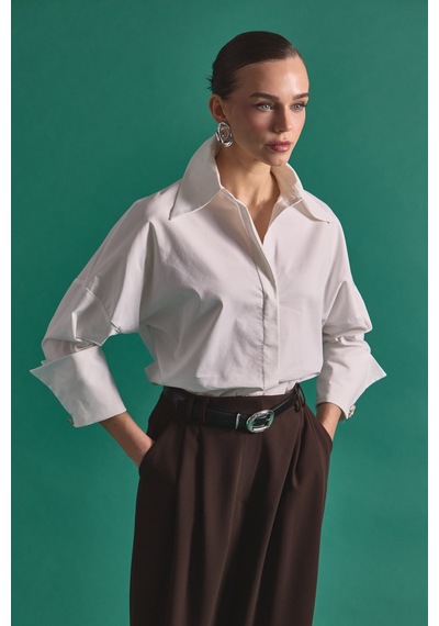 Sateen Düğme Detaylı Gömlek - Ekru-137151 ekru