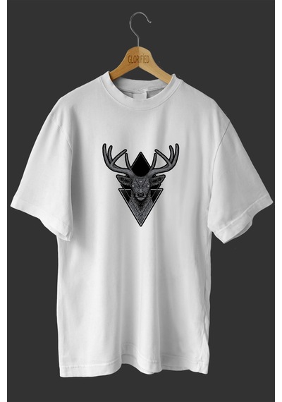 Noıssey -wed Geyik Tasarım Baskılı Oversize T-shirt Tişört Beyaz