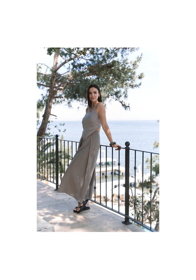 Mai Collection Mai Studios Co. Kita Üçgen Detay Çizgili Vizon Keten Crop Vizon