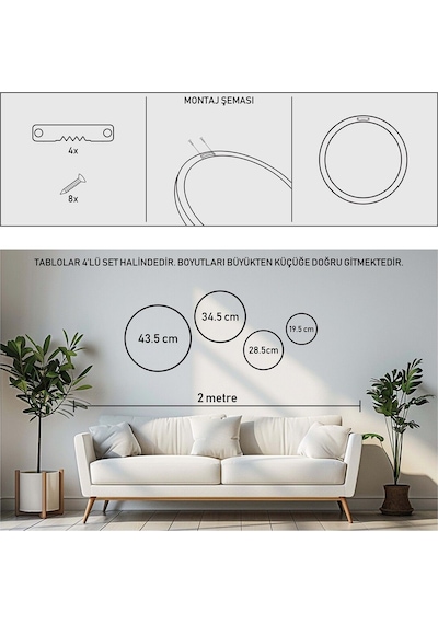 Huhuli Ahşap Çerçeveli Modern 4'lü Yuvarlak Tablo Seti Huhu298