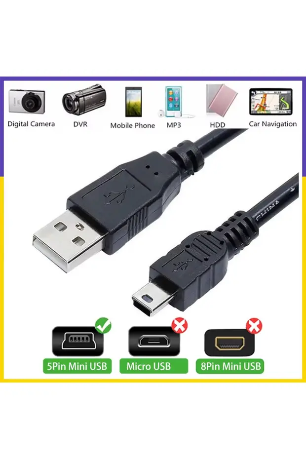 1.5 Metre 1.5mt Mini Usb 5 Pin 1.5m Kablosu V3 Mini Usb Bağlantısını Destekleyen Tüm Cihazlarla Uyumlu
