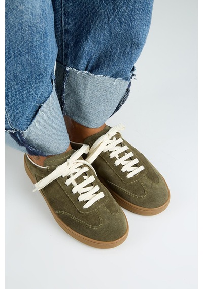 Manijero Krahe Barbella Kadın Hakiki Deri Bağcıklı Sabo Haki Sneakers